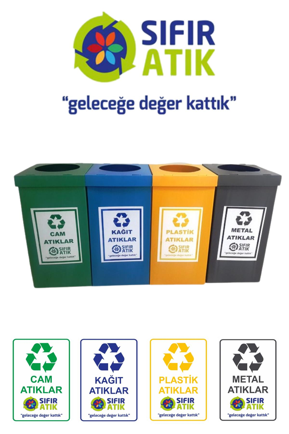 Folyo Geri Dönüşüm Atık Toplama Kutusu Seti 70 Litre Cam, Kağıt, Plastik, Metal Atık Kovası