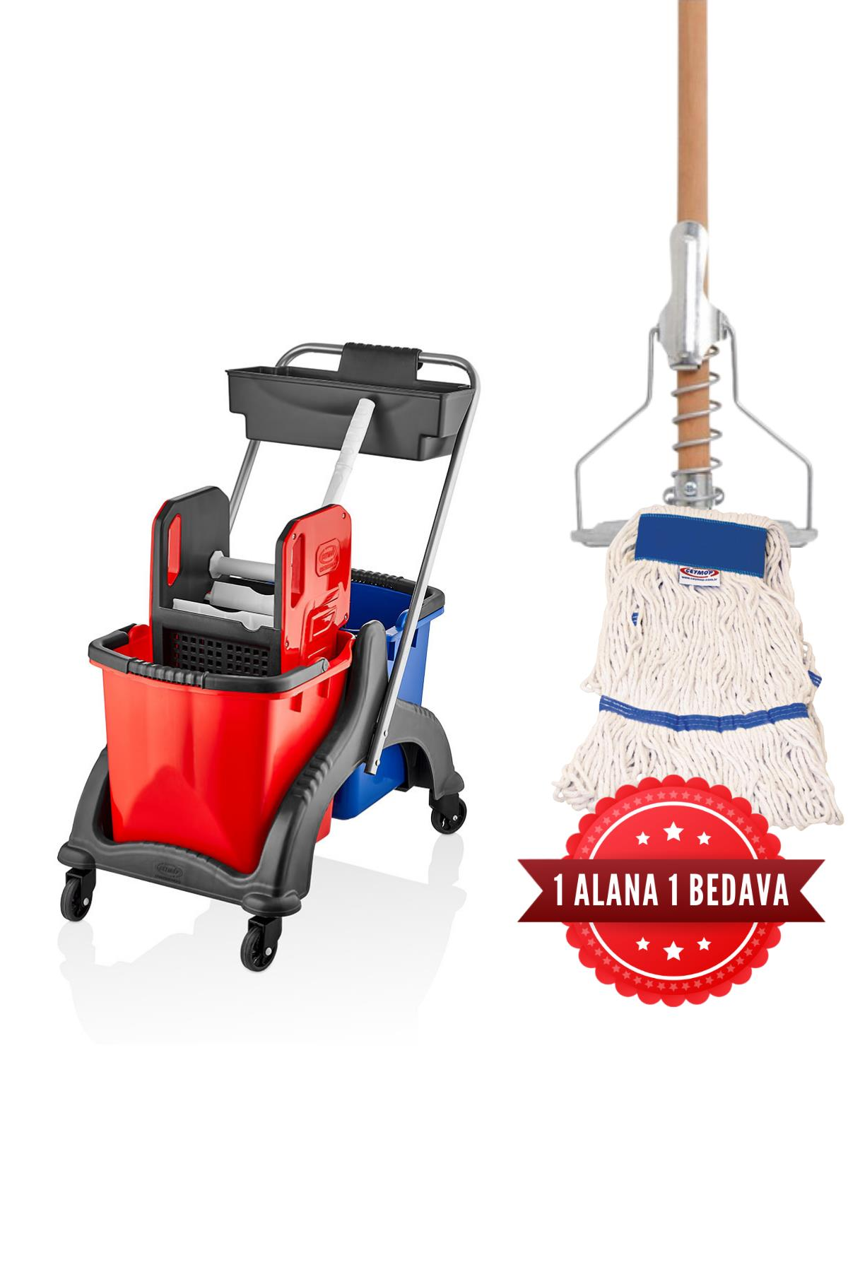 Professional Çift Kovalı Temizlik Seti Plastik Plastik Presli Kat Arabası + Yaylı Sap Islak Mop Hediye