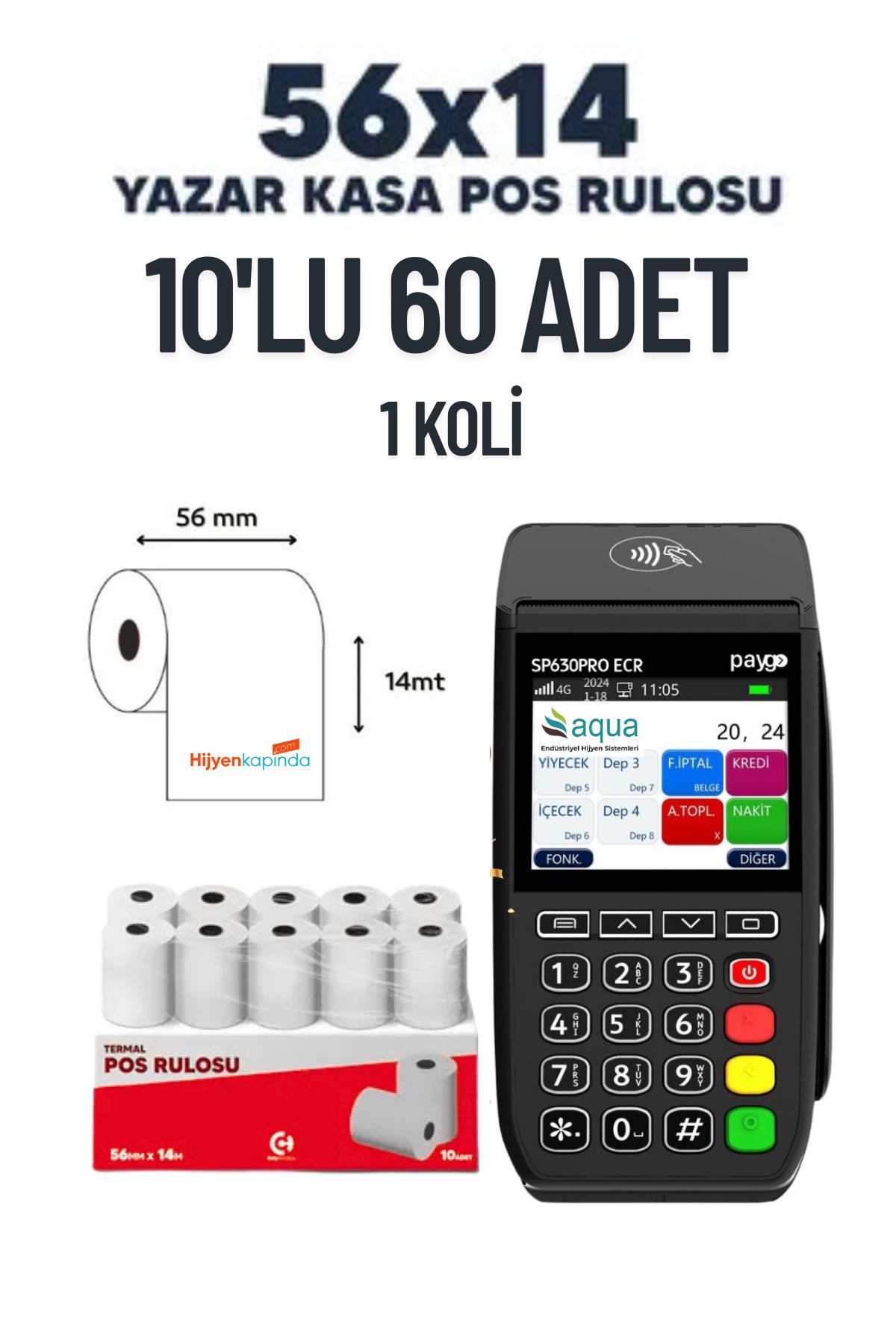 Hijyen Kapında Termal Pos Yazarkasa Rulosu 56x14 10'lu Paket 60 Adet ( 1 KOLİ )