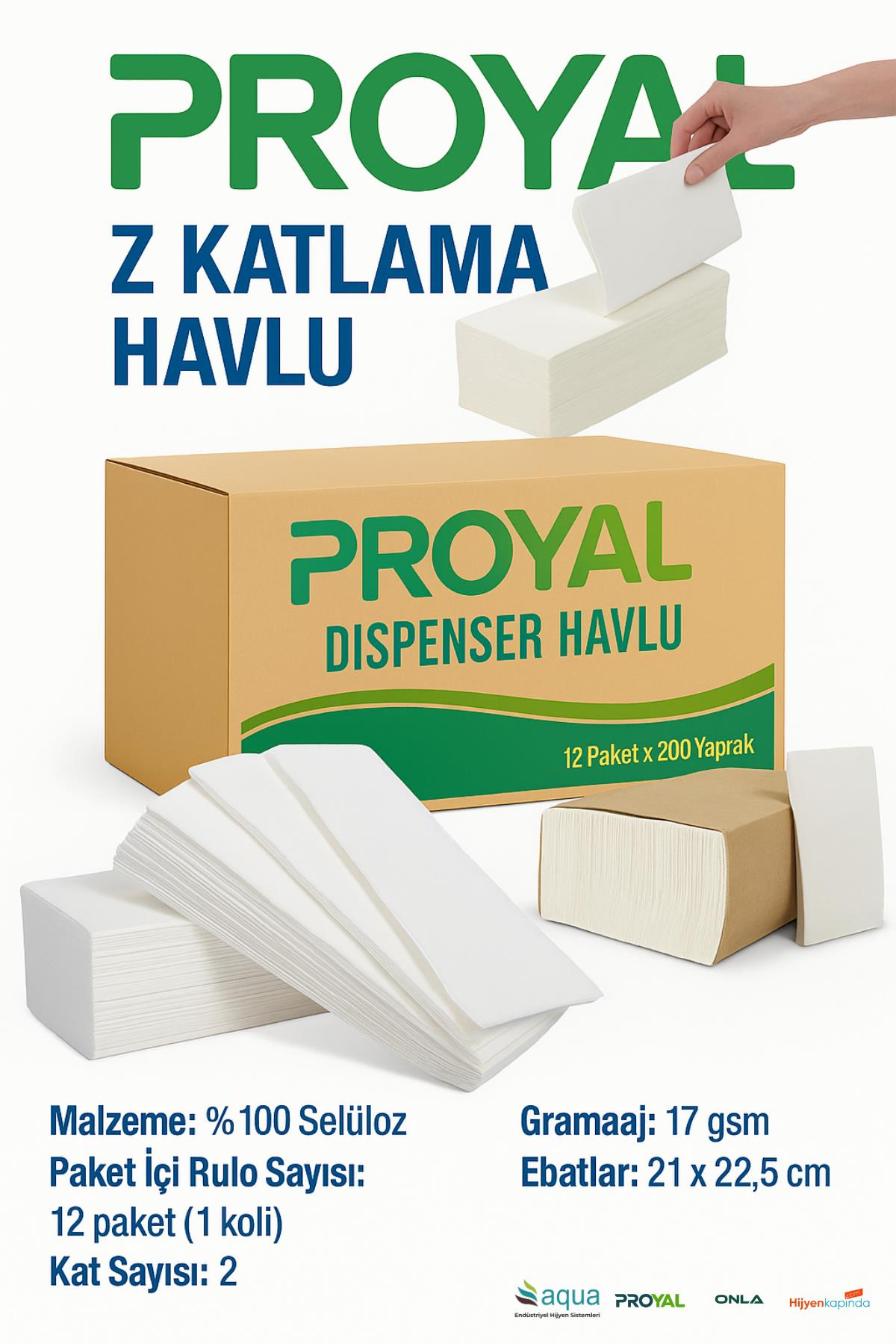 PROYAL Z Katlama Havlu Kağıt Peçete 2 Katlı 200 Yaprak 12'Li Paket