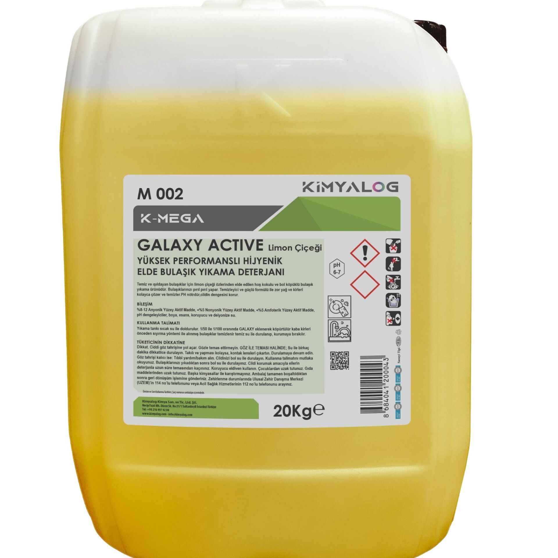 Kimyalog K-Mega Galaxy Active  Yüksek Performanslı Elde Bulaşık Yıkama Deterjanı Limon Çiçeği Sarı 20 Kg